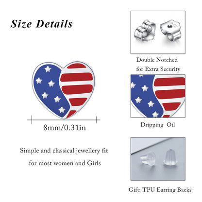 Sterling Silver USA American Flag Patriotic Red White Blue Heart Stud Earrings Independence Day Jewelry