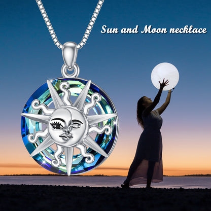 Sun and Moon Crystal Necklace 925 Sterling Silver Sun and Moon Face Necklaces Pendant Crystal Jewelry Gifts