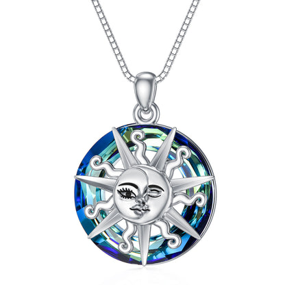 Sun and Moon Crystal Necklace 925 Sterling Silver Sun and Moon Face Necklaces Pendant Crystal Jewelry Gifts