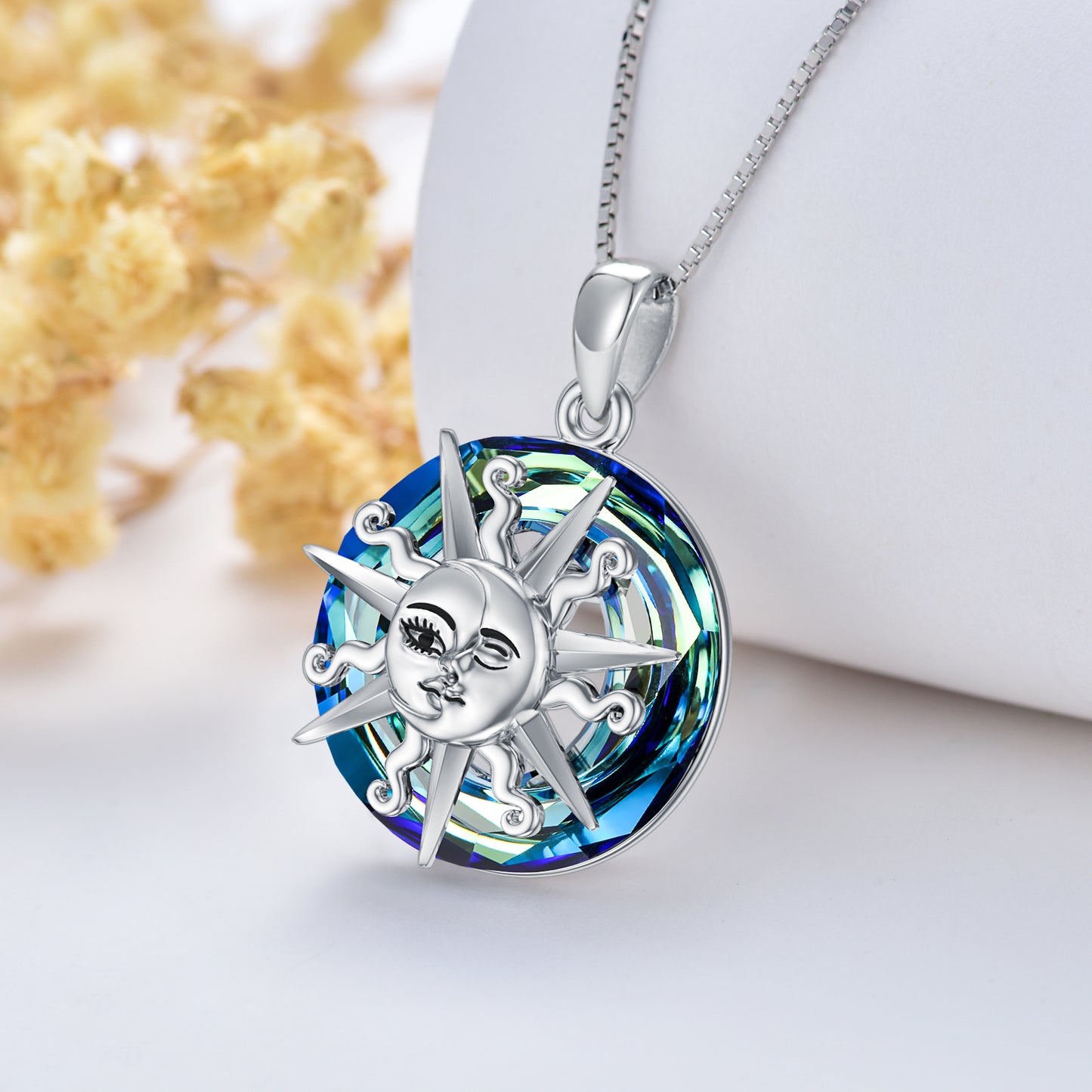 Sun and Moon Crystal Necklace 925 Sterling Silver Sun and Moon Face Necklaces Pendant Crystal Jewelry Gifts