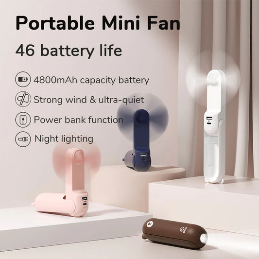 JISULIFE Portable Fan Mini Handheld Fan USB 4800Mah Recharge Hand Held Small Pocket Fan with Power Bank Flashlight Feature